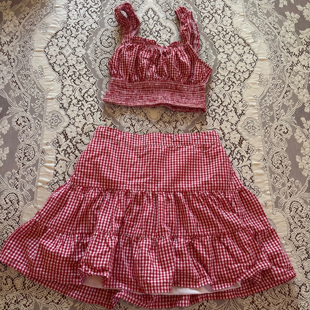 Japna Red Gingham Tiered Ruffle Skirt